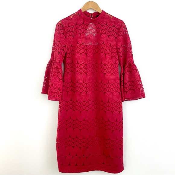 Trina Turk red ruby rose bell sleeve lace dress - Picture 4 of 12